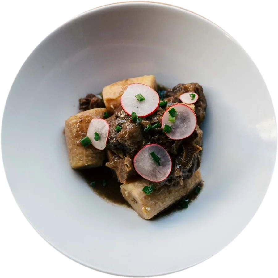 Braised meat with plantain, shaved radish and chives in a white bowl